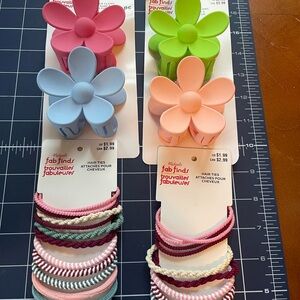 Flower Hair Clips and Ties Set - Pink, Green, Blue